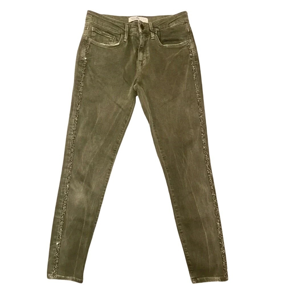 Zara Basic Z1975 Denim Skinny Jeans Olive Green Rhinestone Side Stripe Size 6